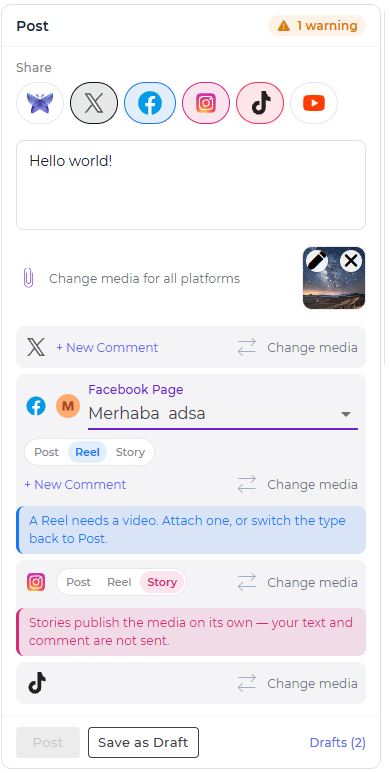 The composer with the Facebook and Instagram blocks open, choosing between Post, Reel and Story for each.