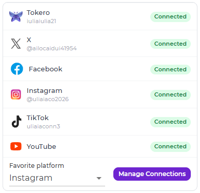 The connections panel listing the TOKERO feed, X, Facebook, Instagram, TikTok and YouTube, each marked connected.
