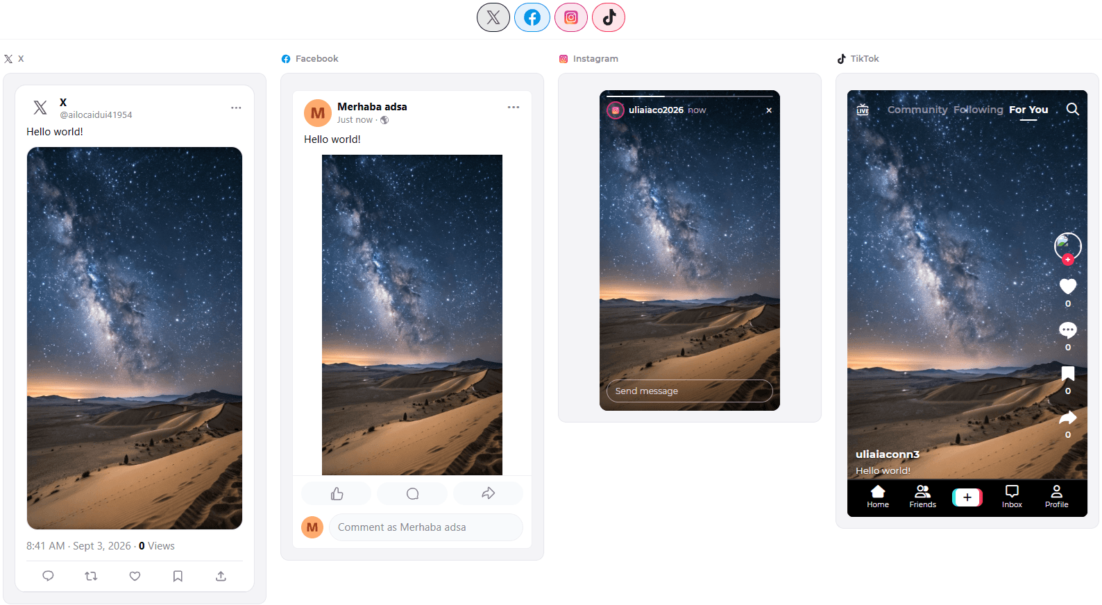 The same preview wall for a photo post, rendered for X, Facebook, Instagram and TikTok.