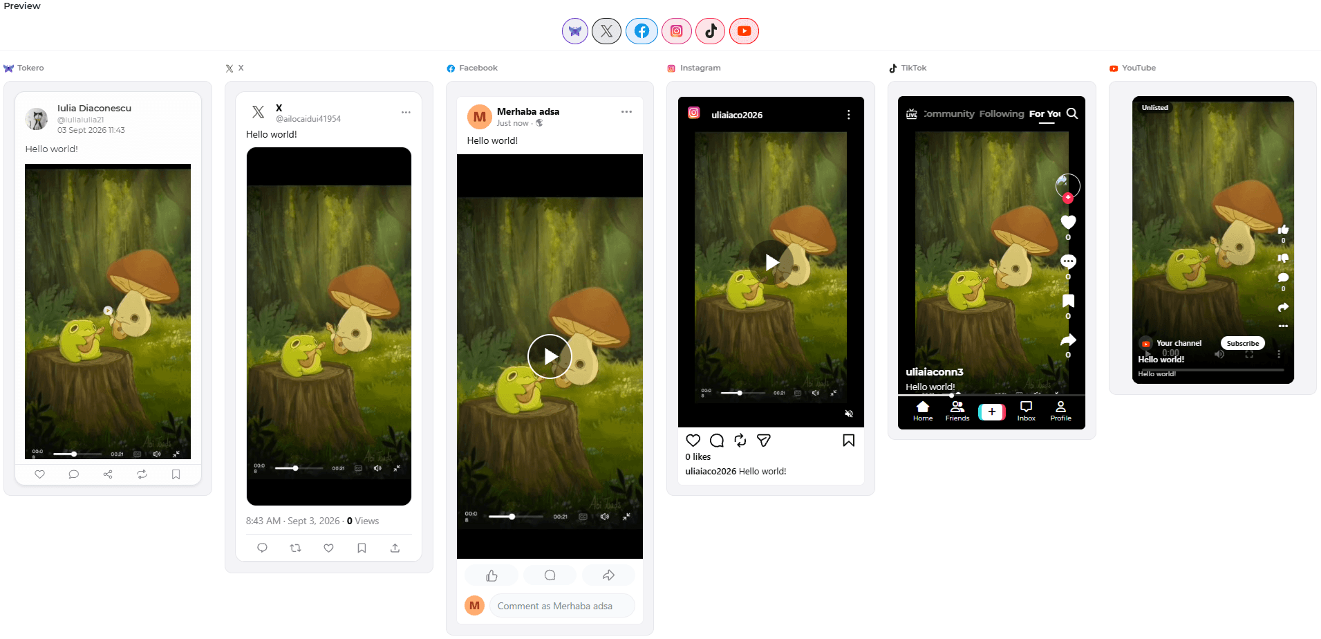 The cross-post preview wall showing one video post rendered six times: on the TOKERO feed, X, Facebook, Instagram, TikTok and YouTube.